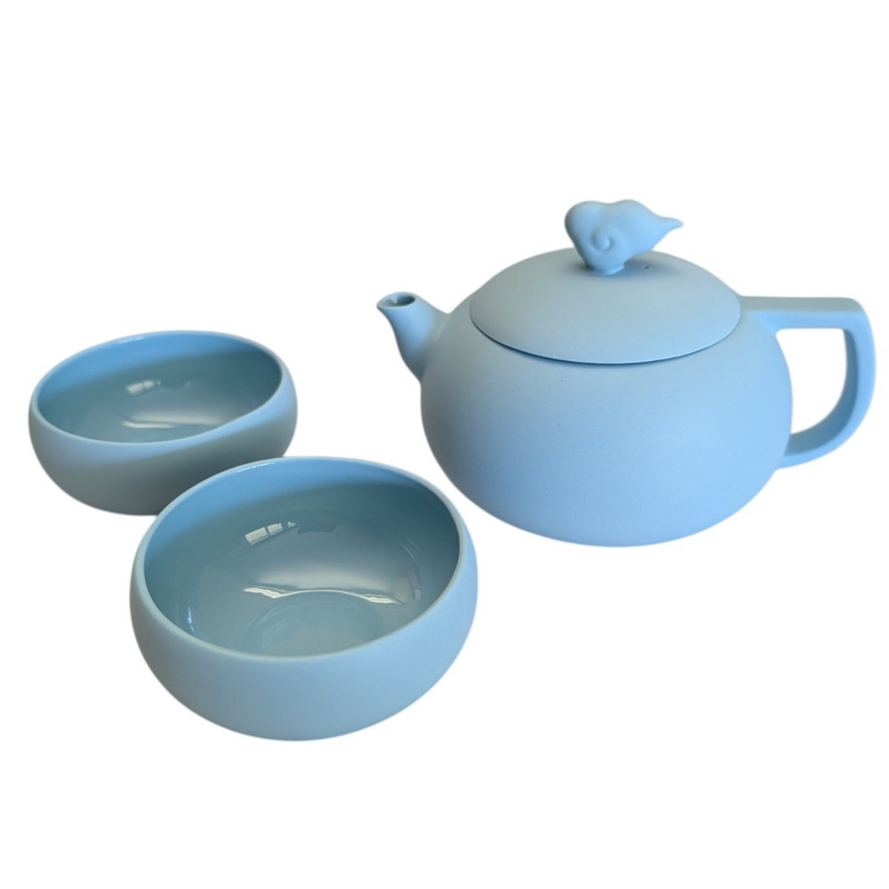 Teavana Cloud Matte Light Blue Porcelain Teapot with 2 Cups Set Rare 12 oz